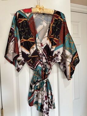 Lulus Satin Kimono Romper with Chain & Floral Motif